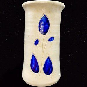 Williamsburg Pottery Salt Glaze Vase Blue Flower Stoneware Blue Ruffled 7”T 3.5”